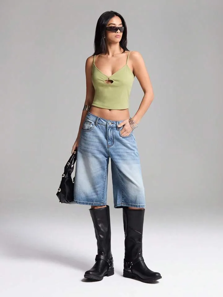 CM-BS523867 Women Casual Seoul Style Washed Drop Waist Denim Shorts - Blue