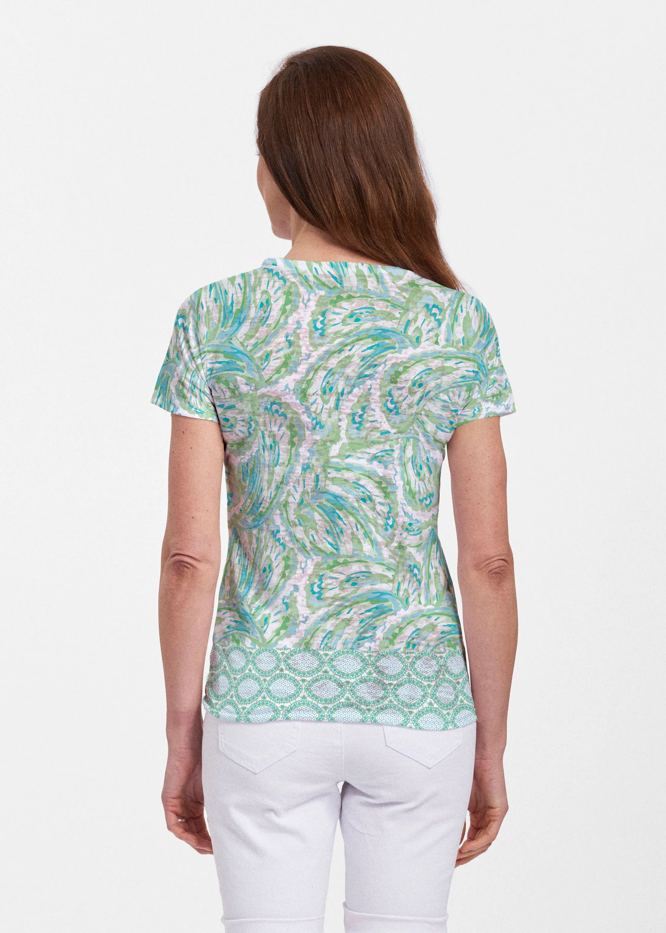 Coastal Paisley Lace Green (7690) ~ Sheer Short Sleeve Crew Shirt