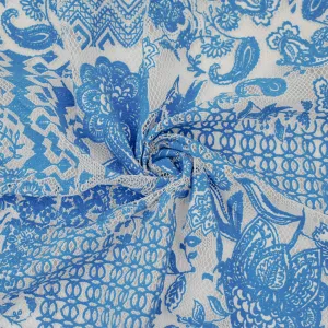 Cobalt Blue-White Poly Cotton Floral Multi Pattern Lace Mesh Knit Fabric