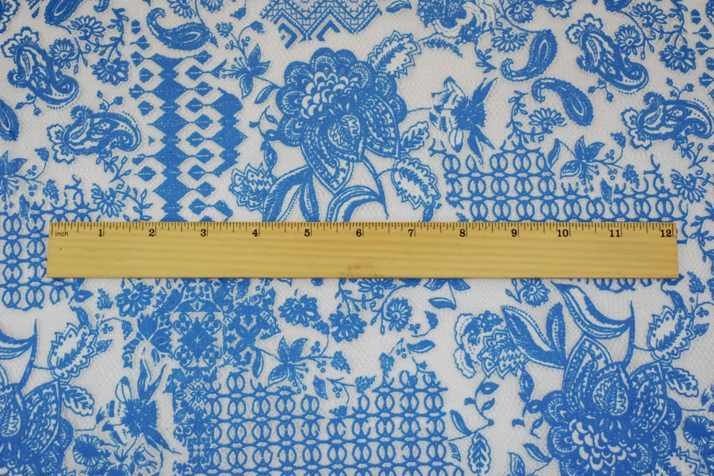 Cobalt Blue-White Poly Cotton Floral Multi Pattern Lace Mesh Knit Fabric