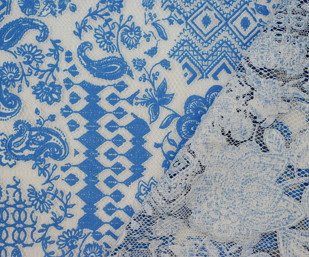 Cobalt Blue-White Poly Cotton Floral Multi Pattern Lace Mesh Knit Fabric