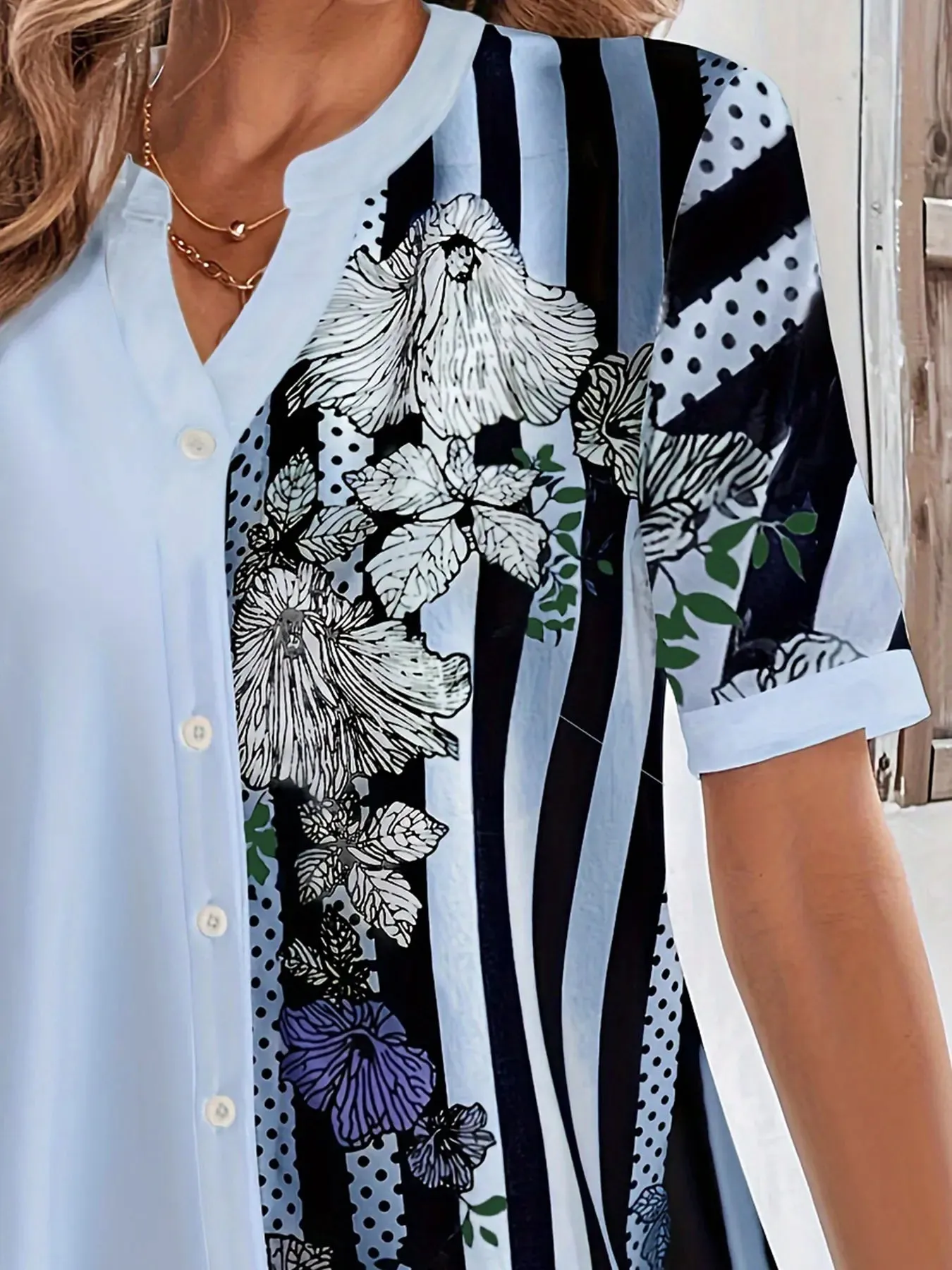 Color Block Floral & Stripe Print Short Sleeve Notched Henley Blouse