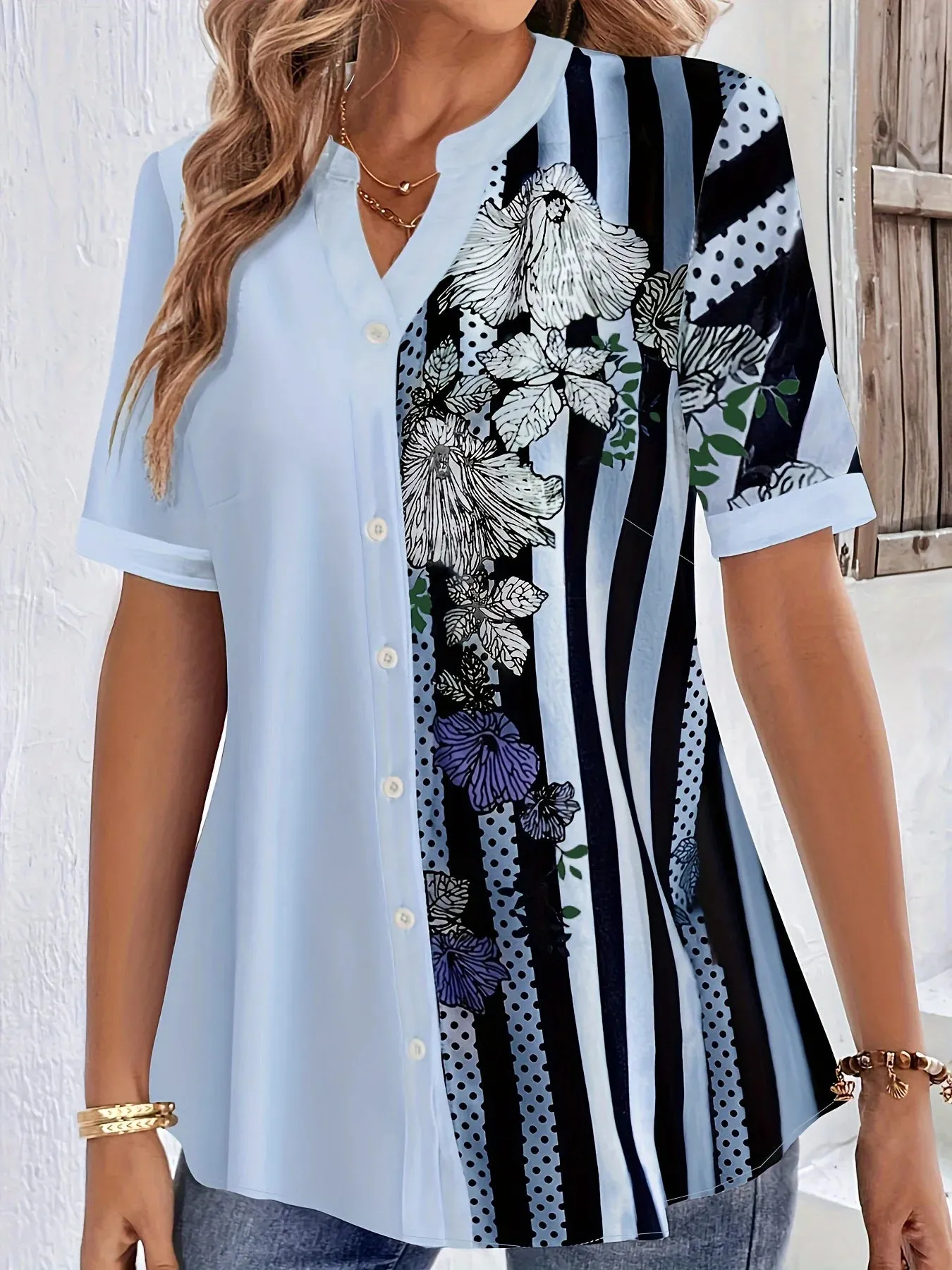 Color Block Floral & Stripe Print Short Sleeve Notched Henley Blouse
