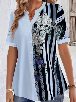 Color Block Floral & Stripe Print Short Sleeve Notched Henley Blouse
