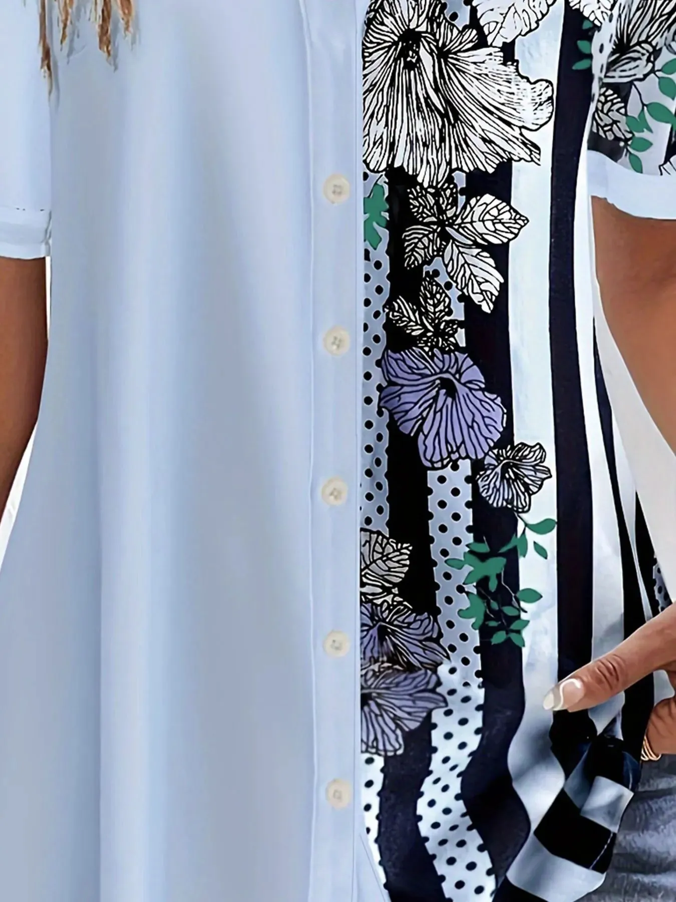 Color Block Floral & Stripe Print Short Sleeve Notched Henley Blouse