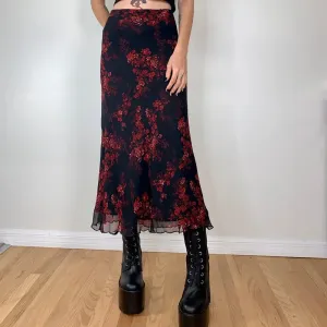 Combhasaki Women's Y2K Retro Vintage Floral Printed High Waist Ruffled Elegant Elastic Waist Long Skirts Street Style Bottoms