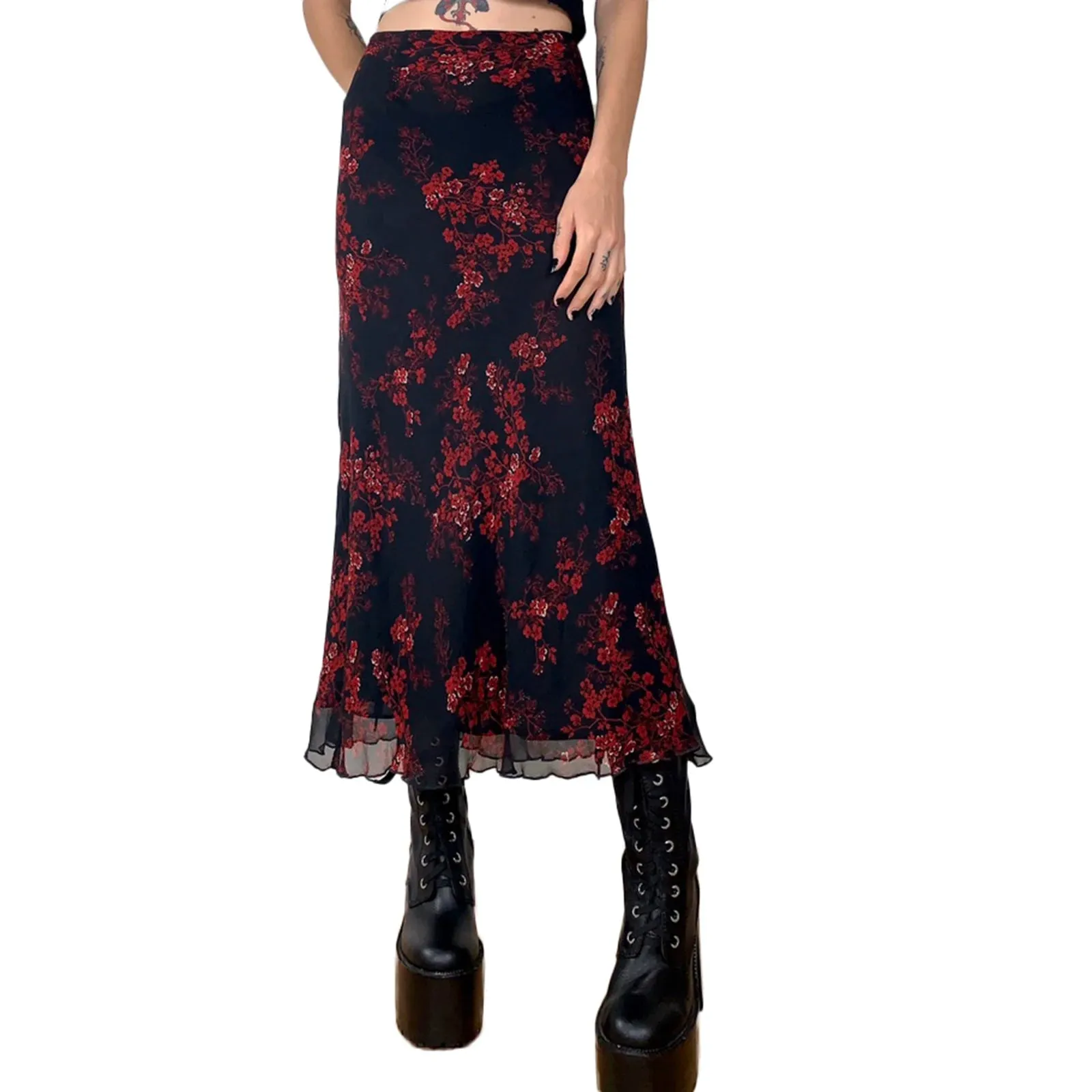 Combhasaki Women's Y2K Retro Vintage Floral Printed High Waist Ruffled Elegant Elastic Waist Long Skirts Street Style Bottoms