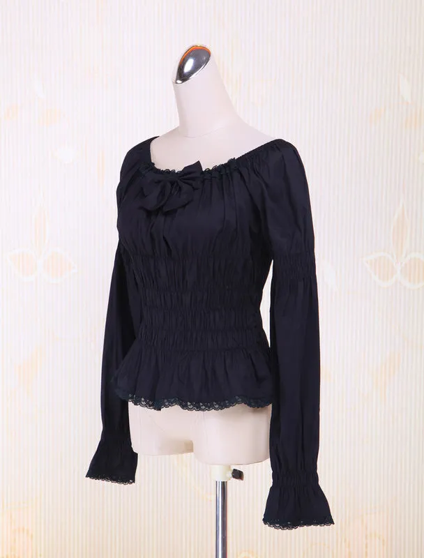 Cotton Black Lolita Blouse Long Sleeves Shirring Lace Trim Bow Round Collar