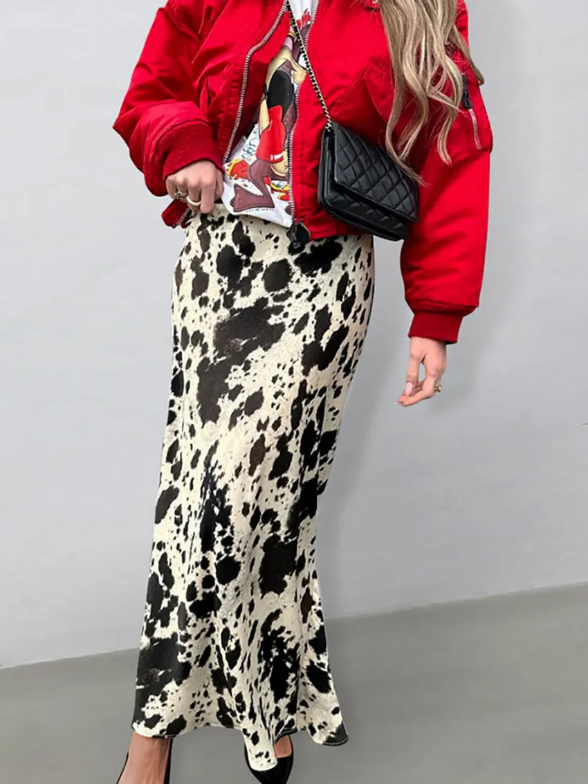 Cow Print Satin Maxi Skirt