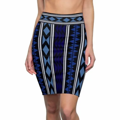 Creative Contours Women's Stretch Pencil Skirt - Blue Aztec Magic