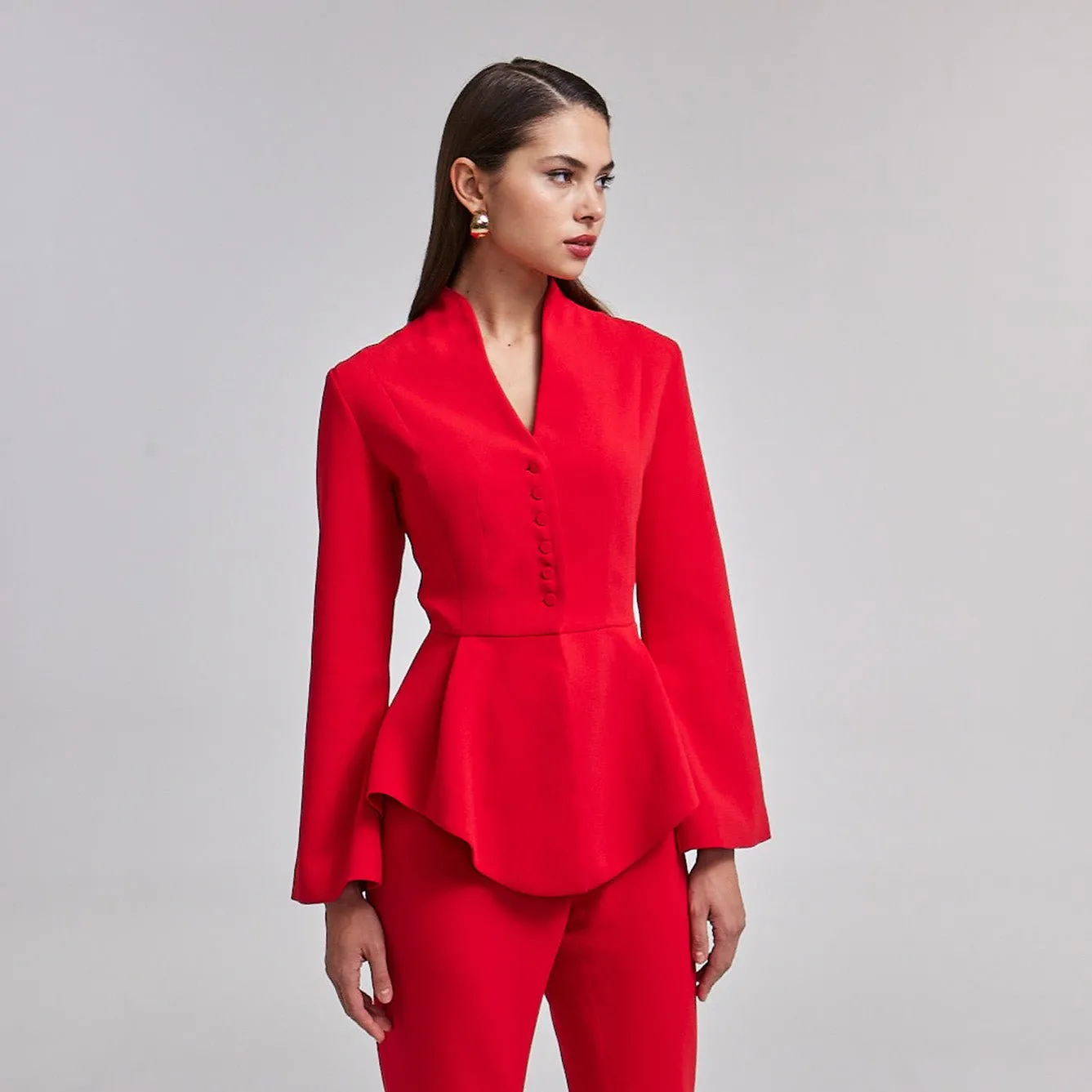 Crepe High-Collar Peplum Top