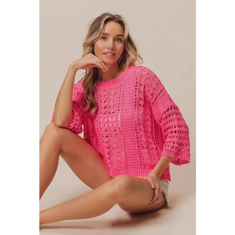 CROCHET KNIT HALF SLEEVES ROUND NECK TOP: OATMEAL