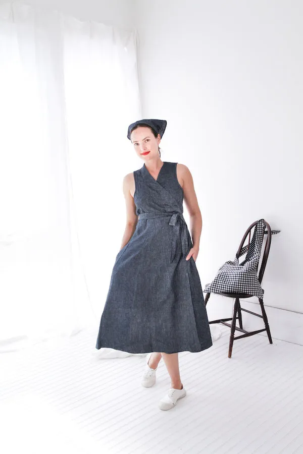 CUISINE APRON DRESS IN INDIGO CHAMBRAY LINEN