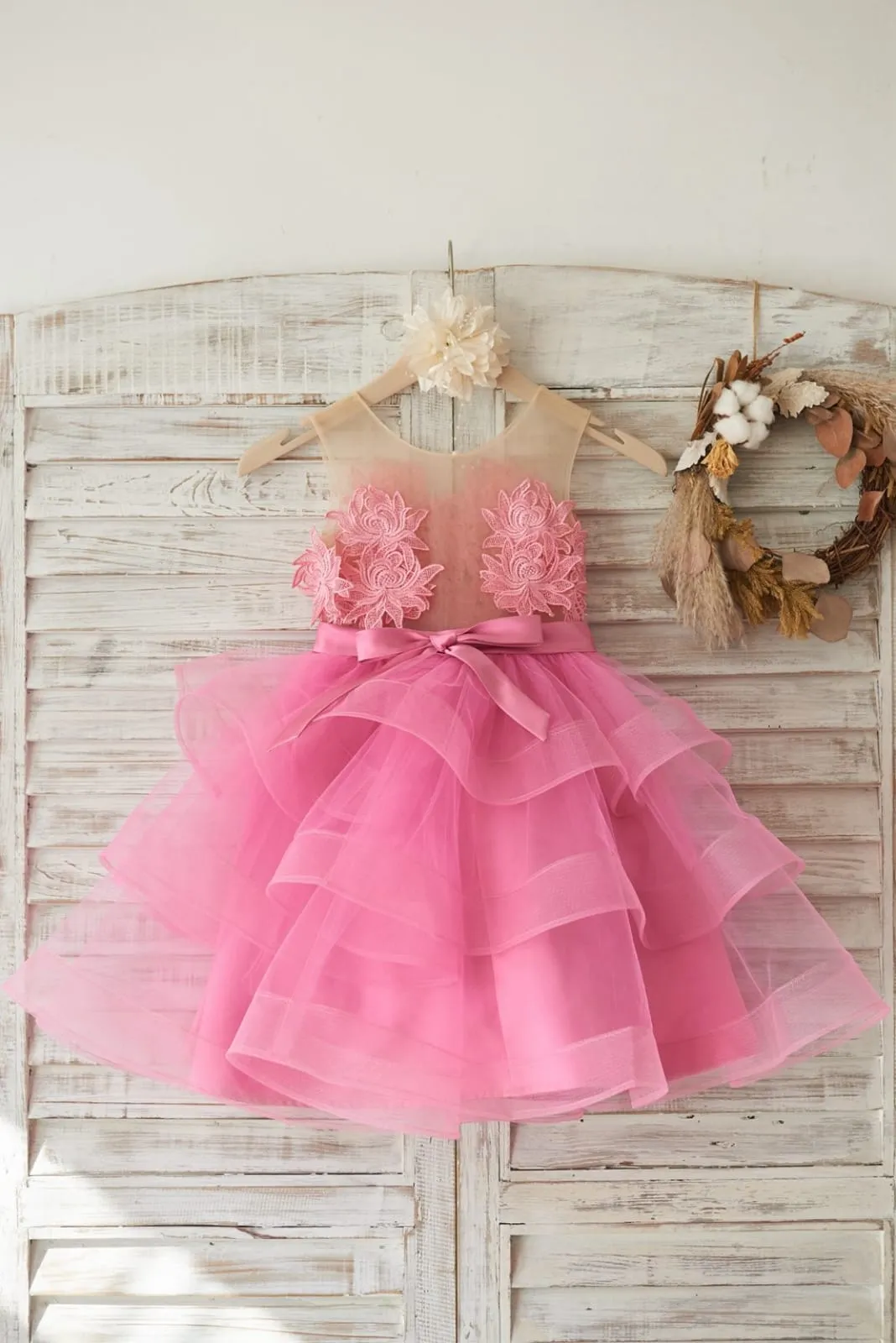 Cupcake Fuchsia Lace Tulle Wedding Flower Girl Dress, Horsehair