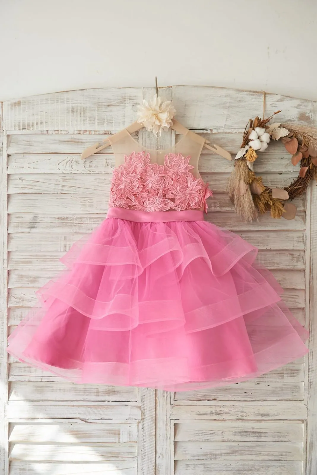 Cupcake Fuchsia Lace Tulle Wedding Flower Girl Dress, Horsehair