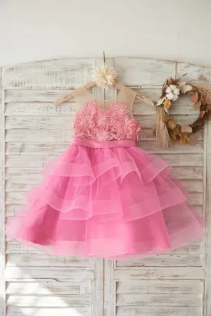 Cupcake Fuchsia Lace Tulle Wedding Flower Girl Dress, Horsehair