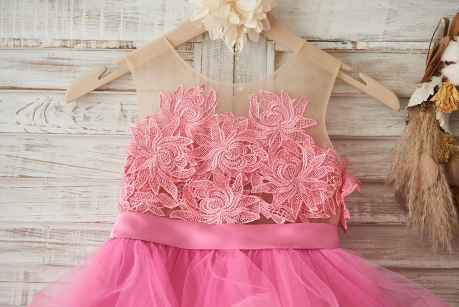 Cupcake Fuchsia Lace Tulle Wedding Flower Girl Dress, Horsehair
