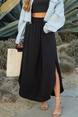 CWBLS041_SMOCKING WAIST MAXI SKIRT WITH SIDE POCKET: Black / (S) 1