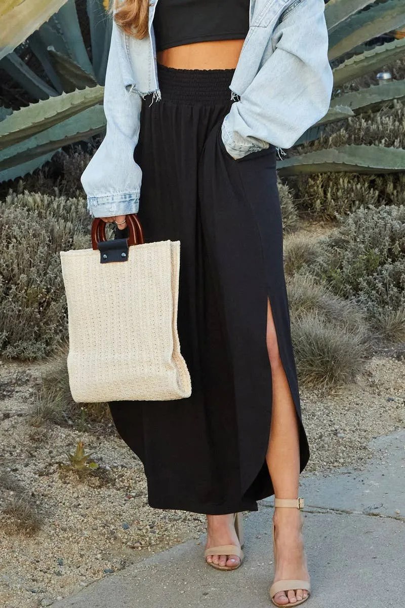 CWBLS041_SMOCKING WAIST MAXI SKIRT WITH SIDE POCKET: Black / (S) 1