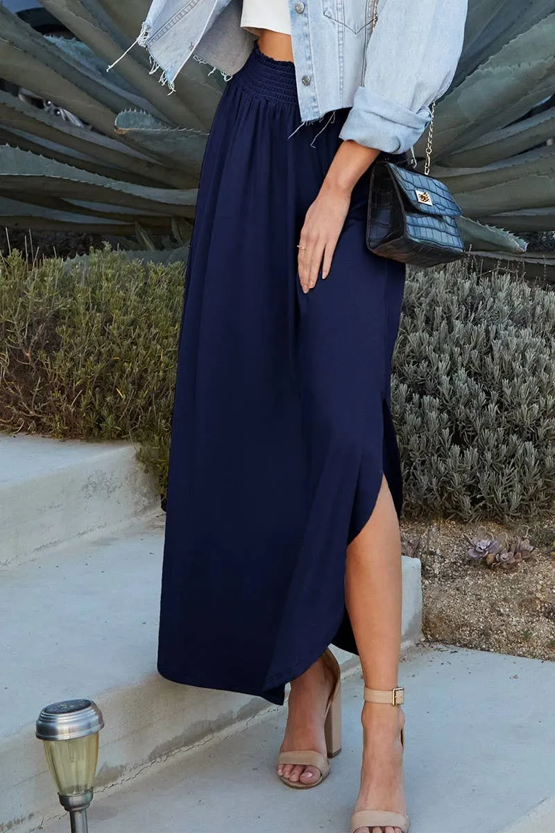 CWBLS041_SMOCKING WAIST MAXI SKIRT WITH SIDE POCKET: Black / (S) 1
