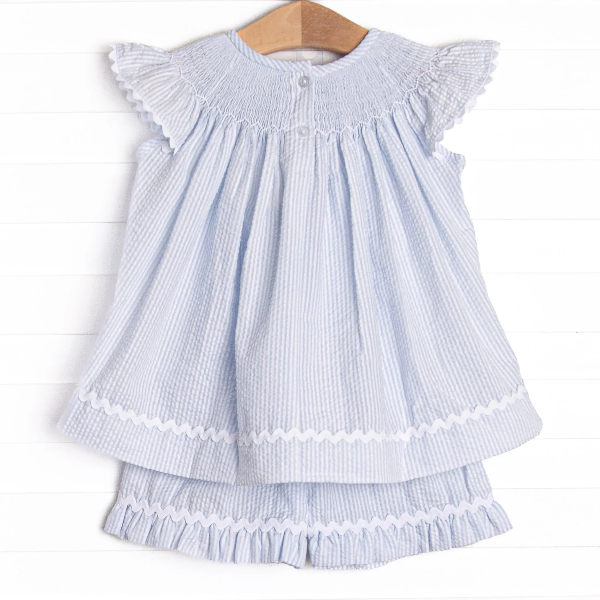 Daisies Go By Smocked Ruffle Short Set, Blue