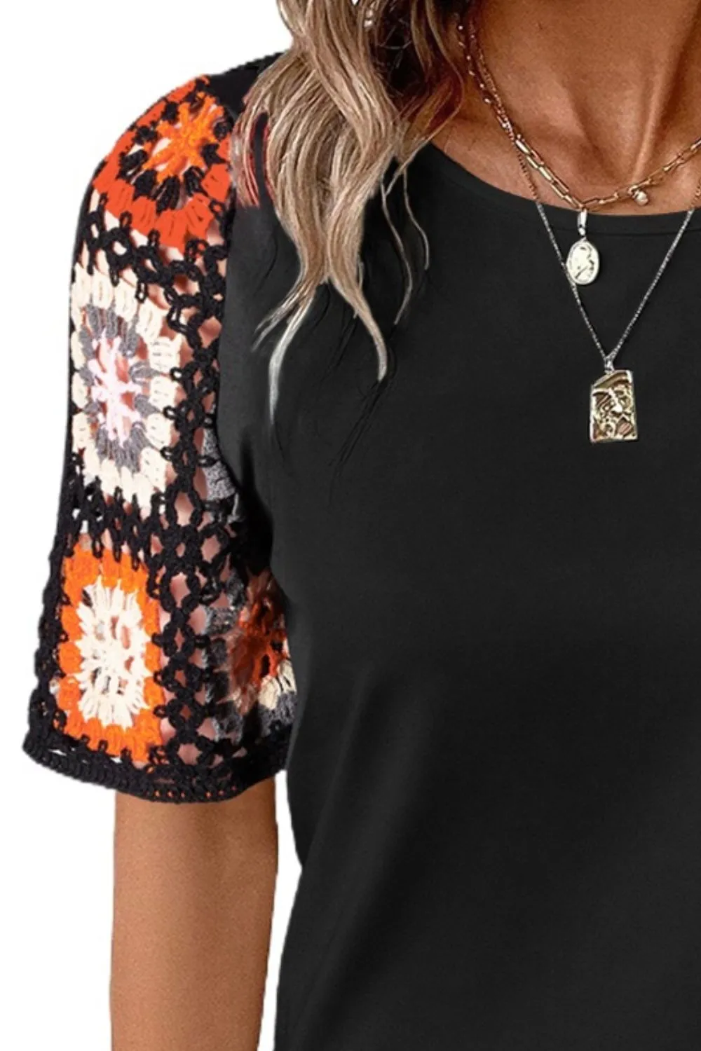 Daria Geometric Round Neck Short Sleeve Blouse