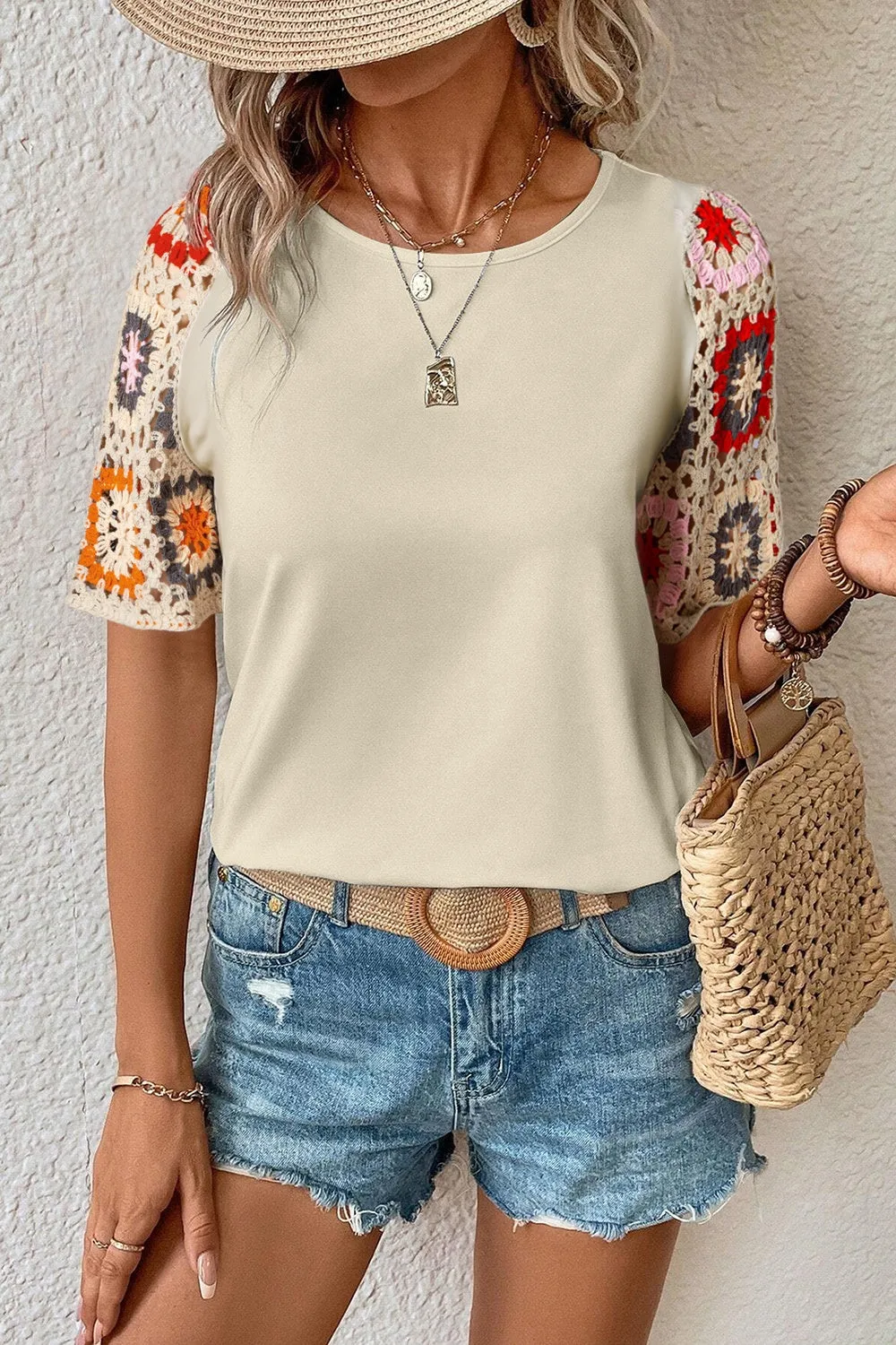 Daria Geometric Round Neck Short Sleeve Blouse