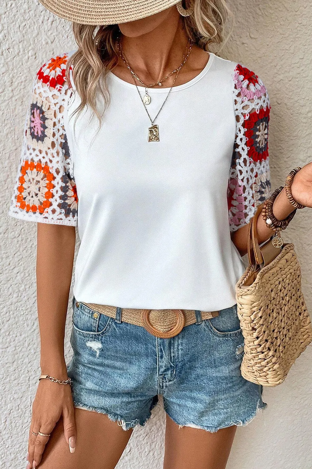 Daria Geometric Round Neck Short Sleeve Blouse