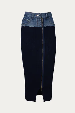 DENIM KNIT ZIP FRONT SKIRT