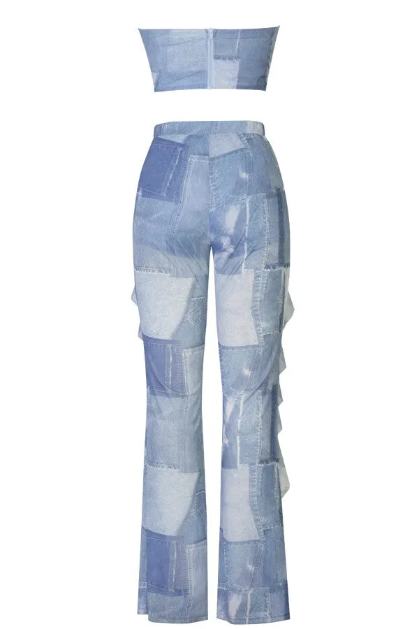 DENIM PATCHWORK PRINTED TWO PIECE SET