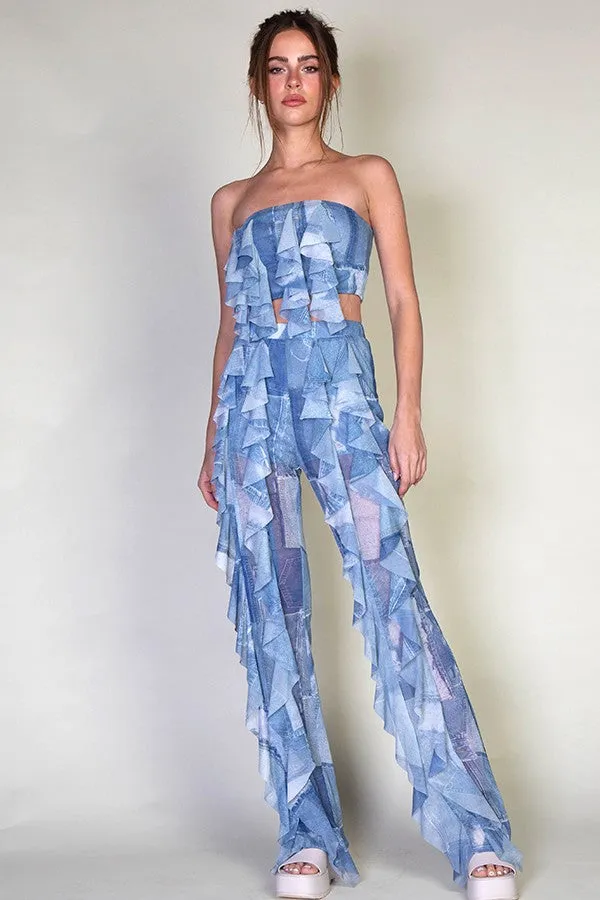 DENIM PATCHWORK PRINTED TWO PIECE SET