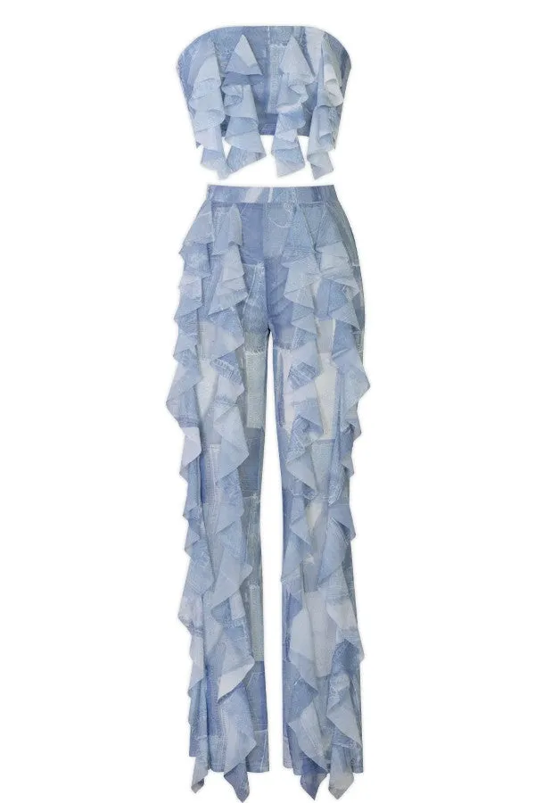 DENIM PATCHWORK PRINTED TWO PIECE SET