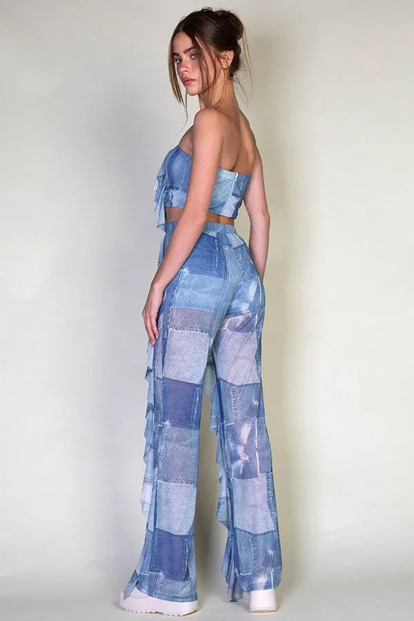 DENIM PATCHWORK PRINTED TWO PIECE SET