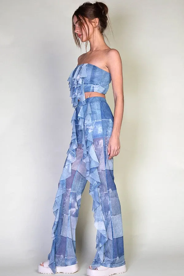 DENIM PATCHWORK PRINTED TWO PIECE SET