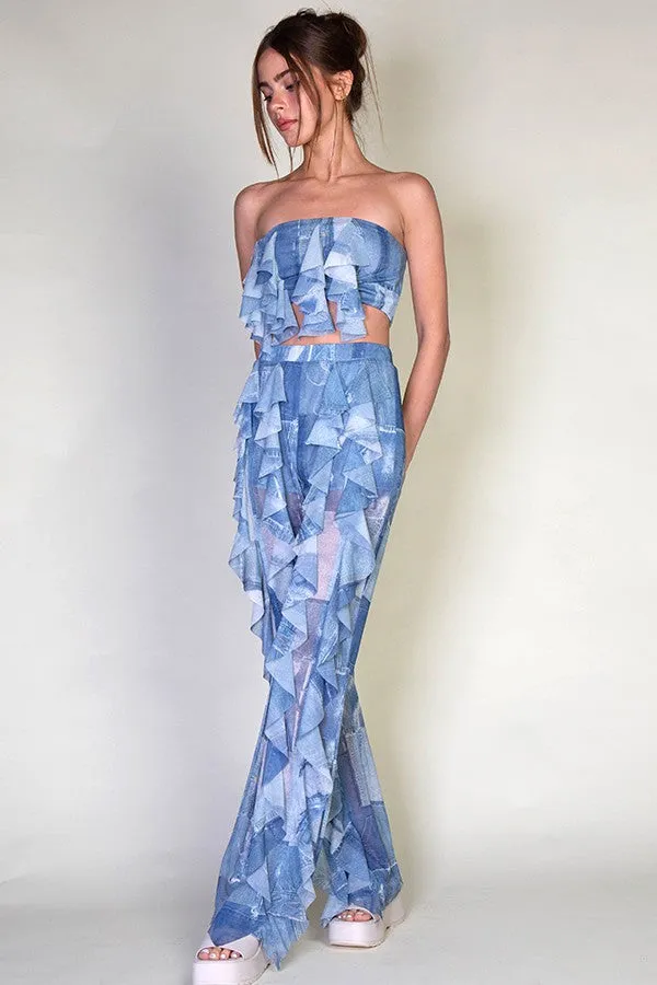 DENIM PATCHWORK PRINTED TWO PIECE SET