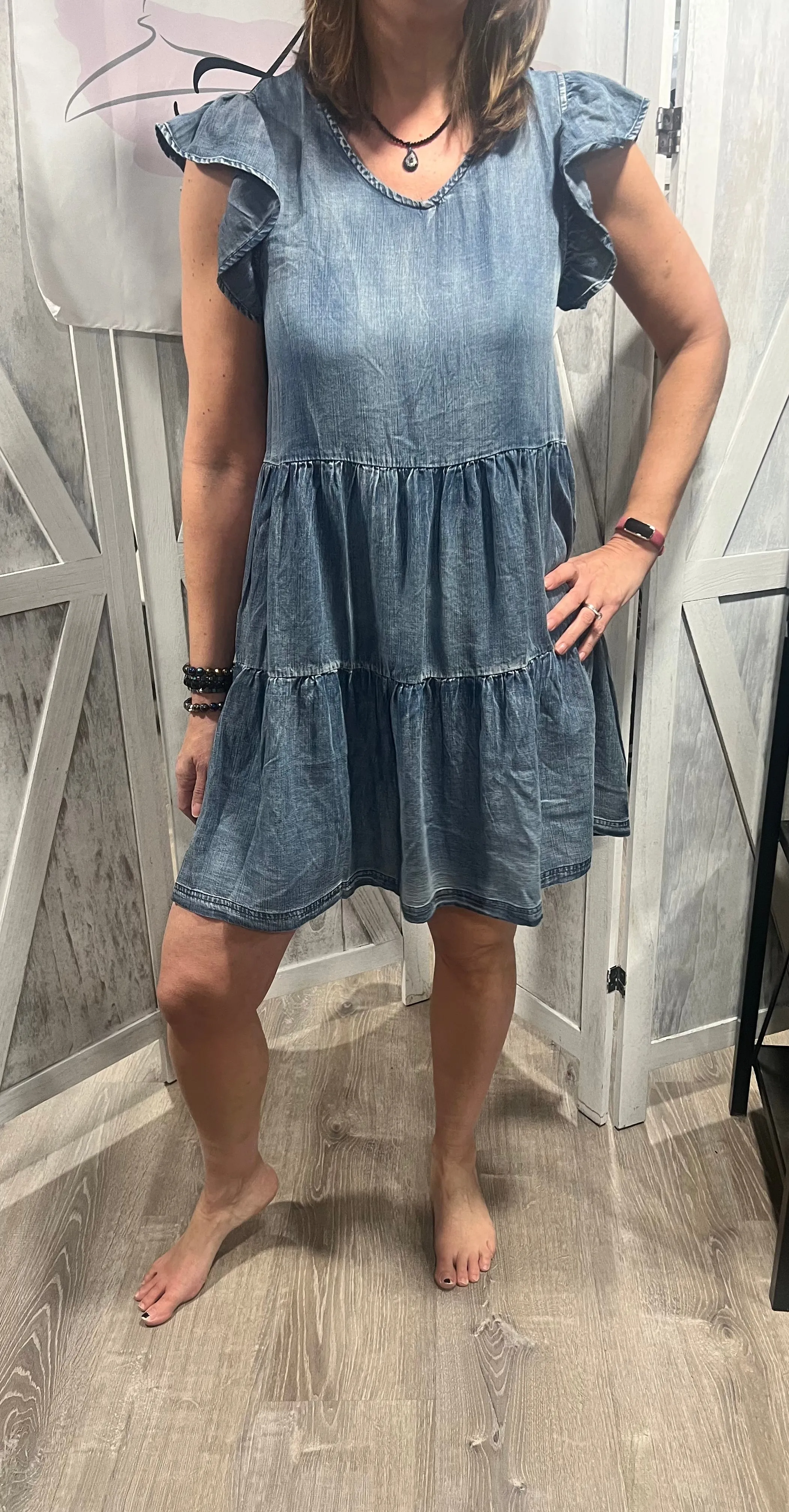 Denim Washed Chambray Ruffle Sleeve Tier Mini Dress