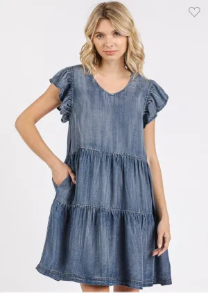 Denim Washed Chambray Ruffle Sleeve Tier Mini Dress