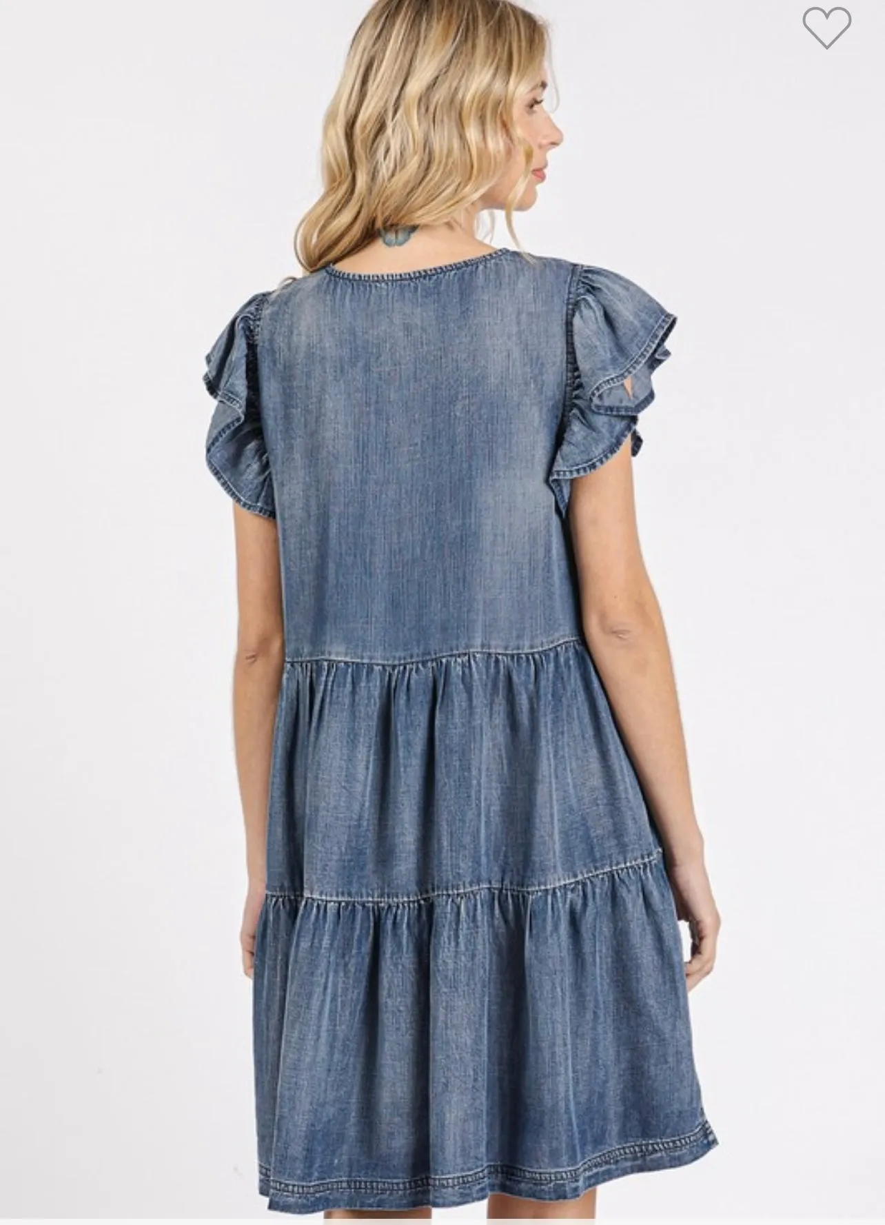 Denim Washed Chambray Ruffle Sleeve Tier Mini Dress