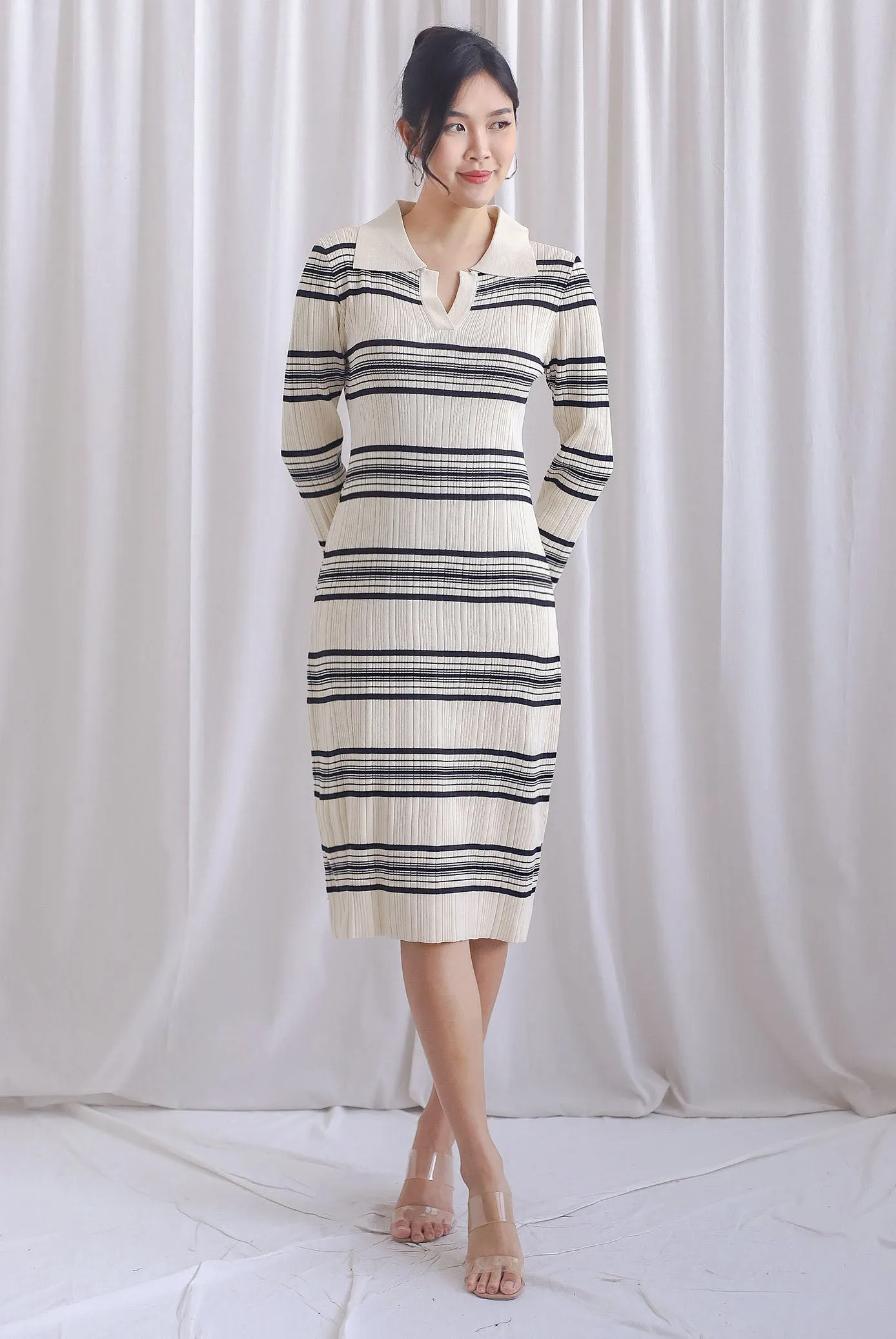 Denver Stripes Polo Knit Dress In Cream