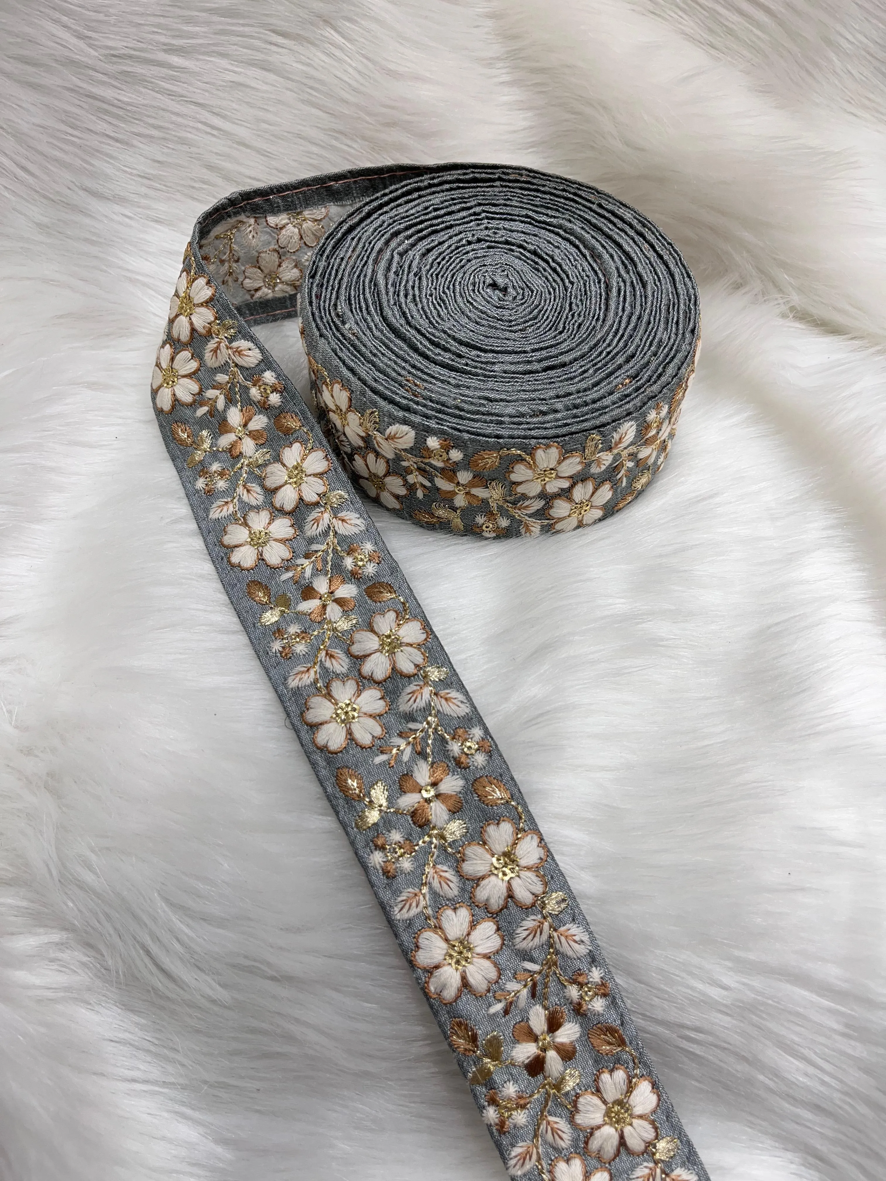 Designer Flower Embroidered Lace Border Trim - 9 Meter Thread Embroidered Lace | Grey