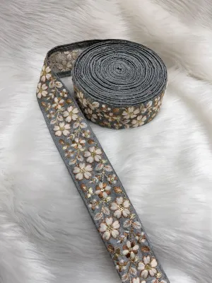 Designer Flower Embroidered Lace Border Trim - 9 Meter Thread Embroidered Lace | Grey