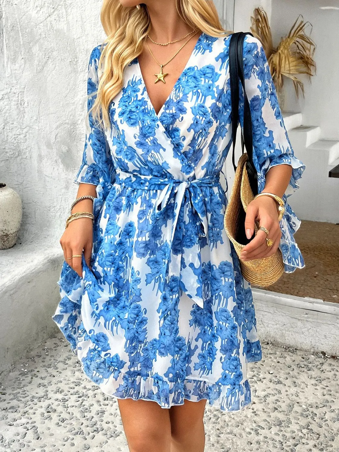 Devine Printed Surplice Ruffled 3/4 Sleeve Mini Dress