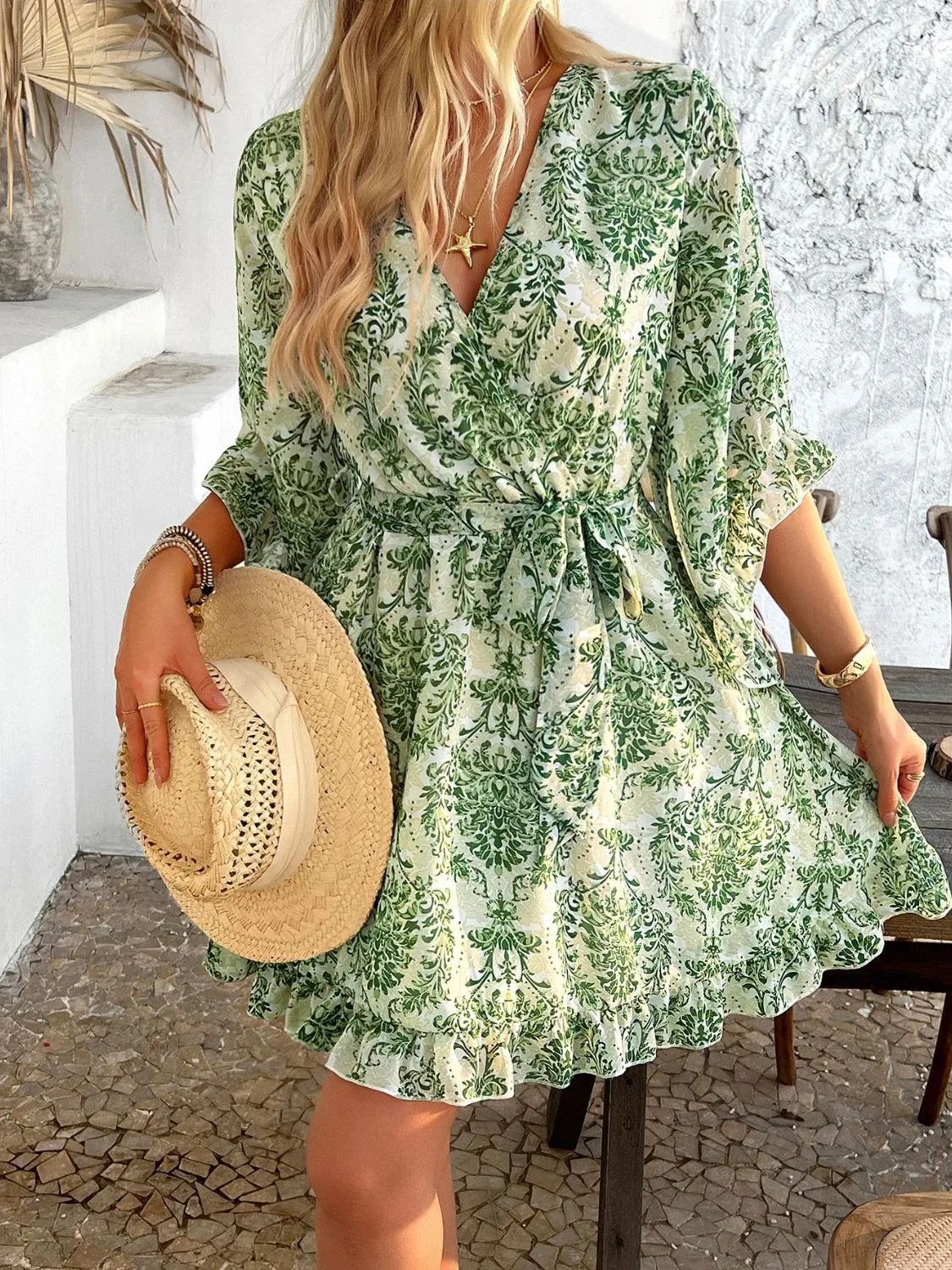 Devine Printed Surplice Ruffled 3/4 Sleeve Mini Dress