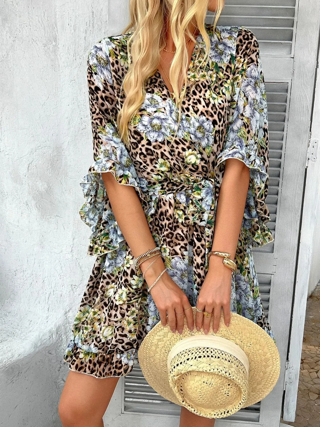 Devine Printed Surplice Ruffled 3/4 Sleeve Mini Dress