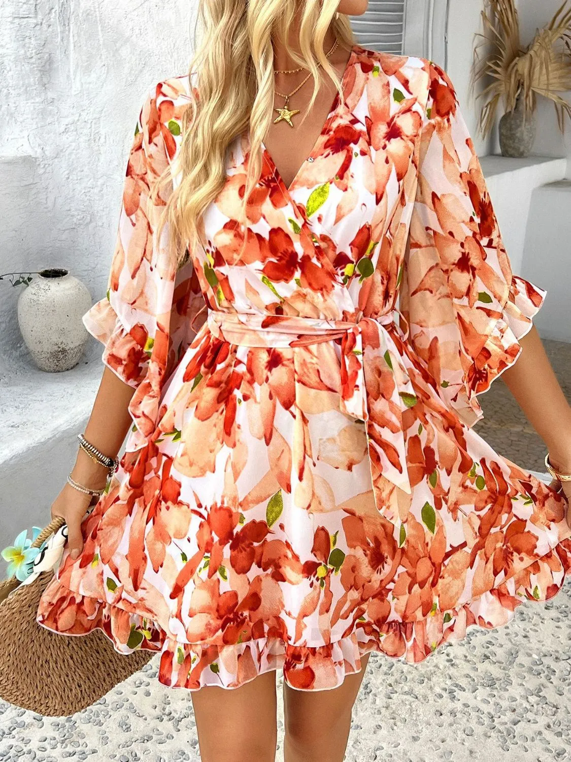 Devine Printed Surplice Ruffled 3/4 Sleeve Mini Dress