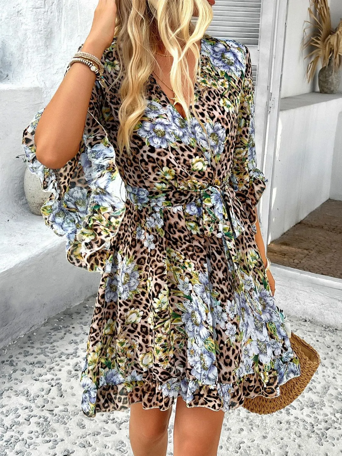 Devine Printed Surplice Ruffled 3/4 Sleeve Mini Dress