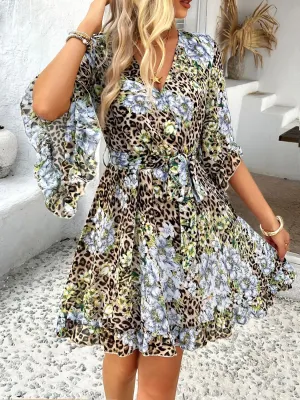 Devine Printed Surplice Ruffled 3/4 Sleeve Mini Dress