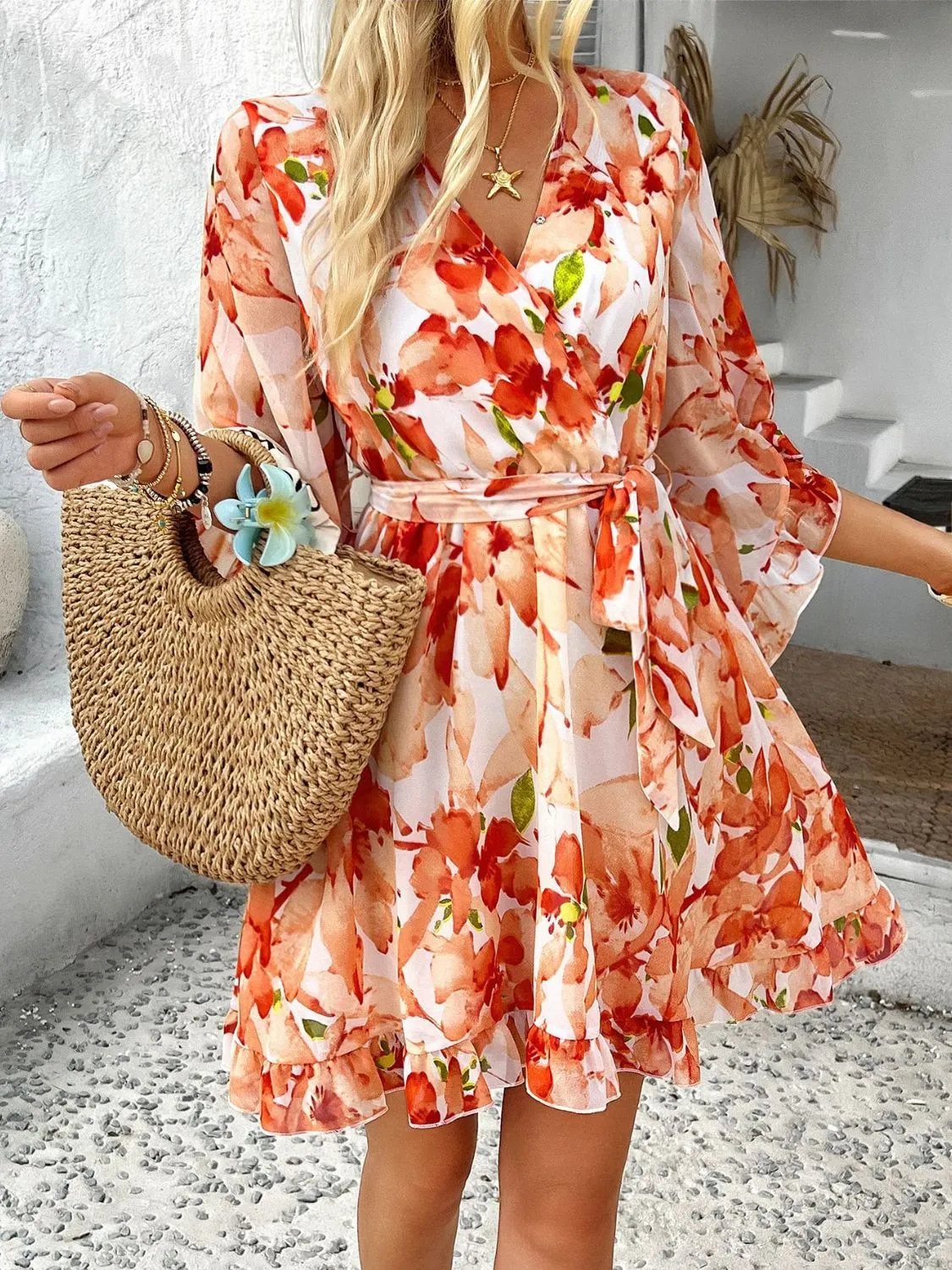 Devine Printed Surplice Ruffled 3/4 Sleeve Mini Dress