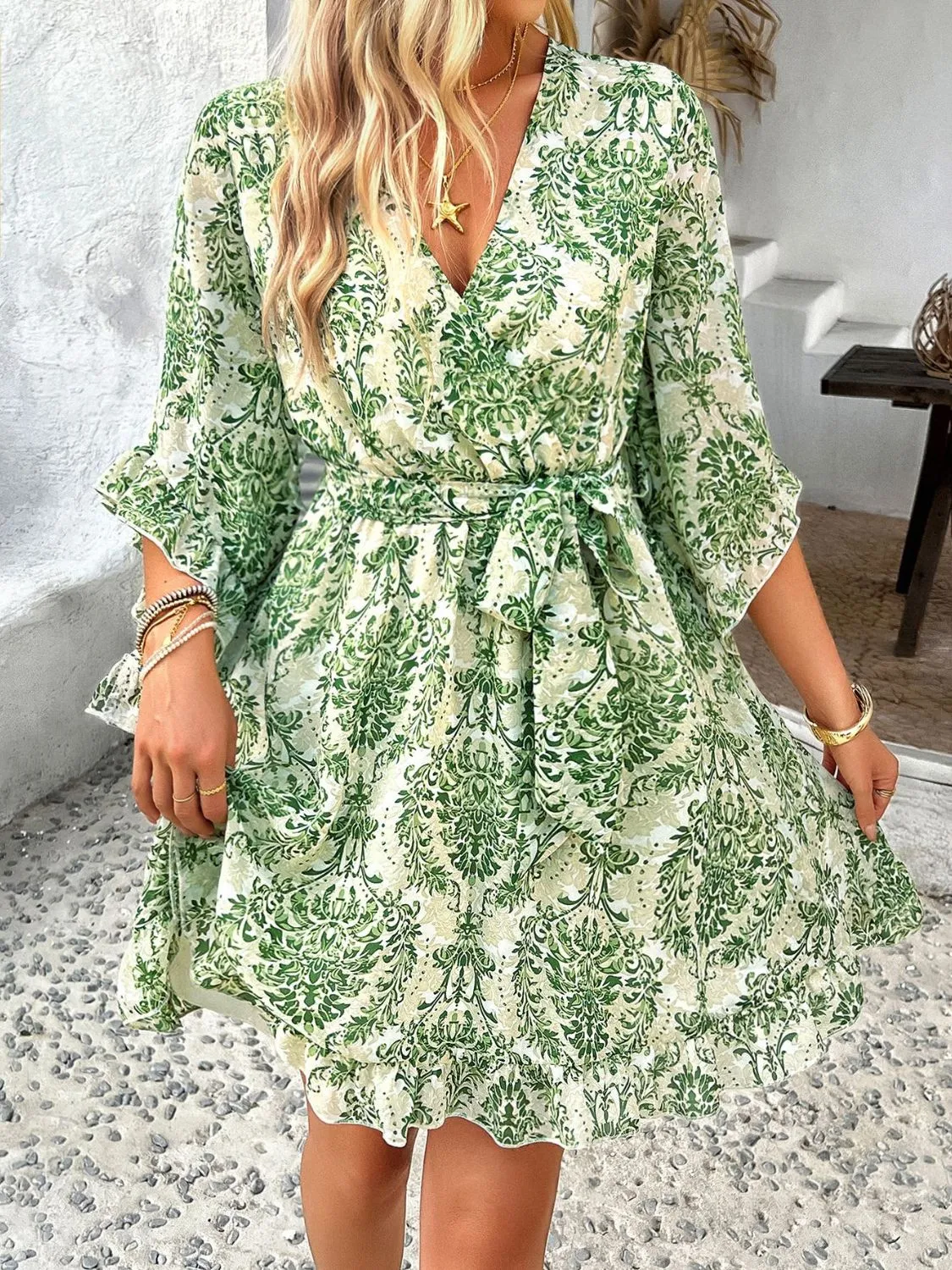 Devine Printed Surplice Ruffled 3/4 Sleeve Mini Dress