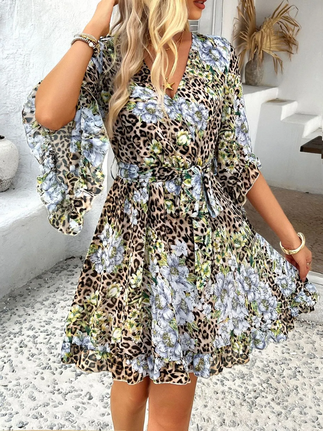 Devine Printed Surplice Ruffled 3/4 Sleeve Mini Dress